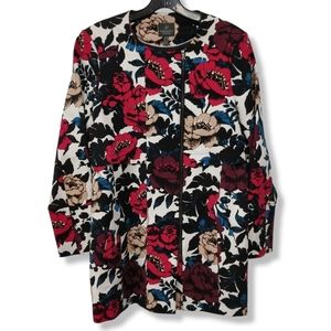 ADRIANNA PAPELL Floral Coat Jacket Off-Center Zip Colorful Red Teal 33"L Size 8